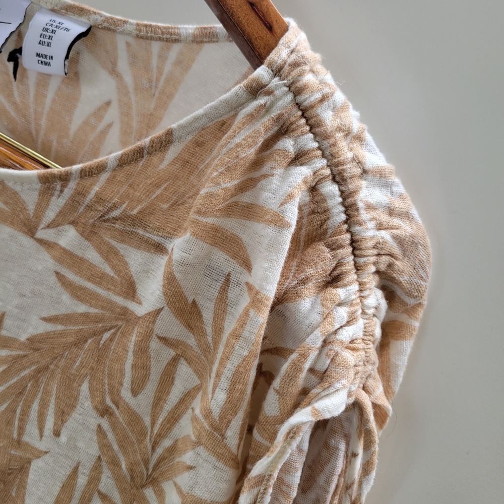 Nicole Miller New York XL Tan Palm Leaf 100% Linen Ruched Shoulder Tie Top - Picture 4 of 8